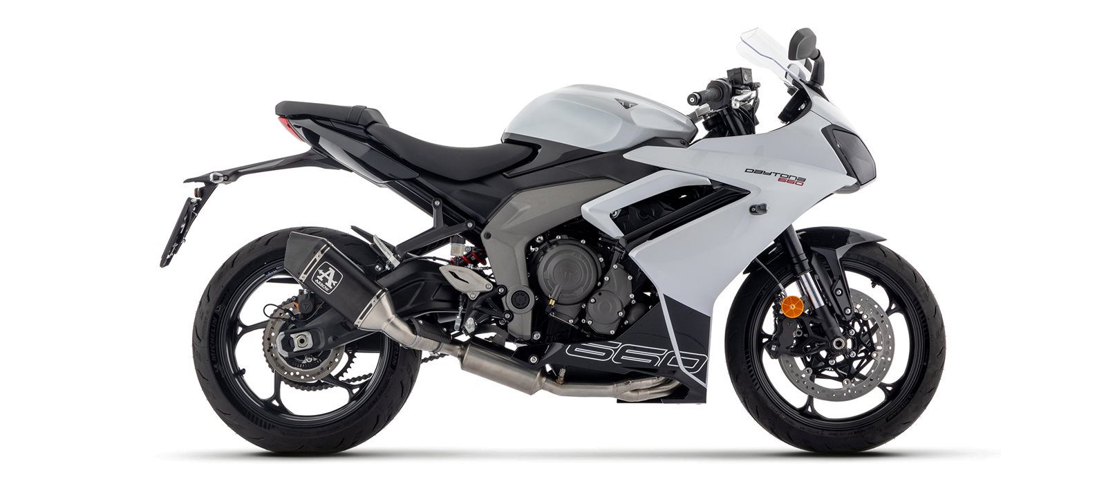 ARROW Racing-Komplettanlage mit VELOCE Endschalldämper schwarz mit Cabonendkappe für Triumph Daytona 660, 2024-