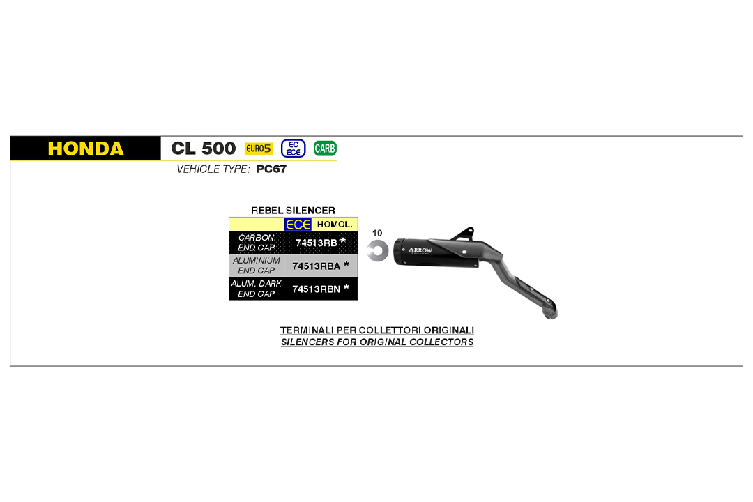 ARROW Auspuff REBEL Sip-On Edelstahl schwarz mit schwarzer Aluminium-Endkappe für Honda CL500 Modelljahr 2023-
