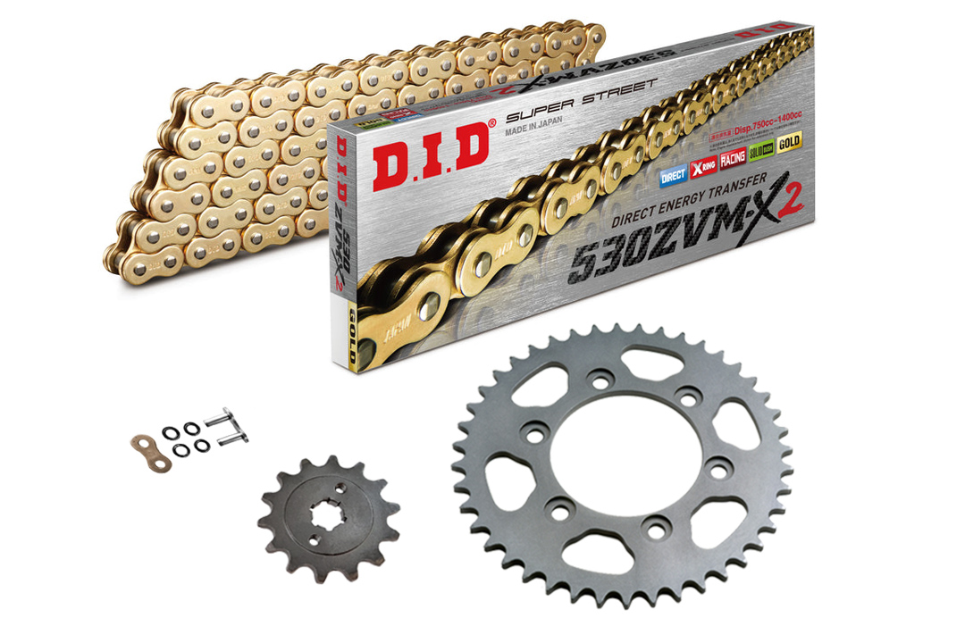DID Kettensatz mit 530ZVM-X2 Kette, Farbe gold, für Suzuki GSXR750, Modelljahr 1986-1987