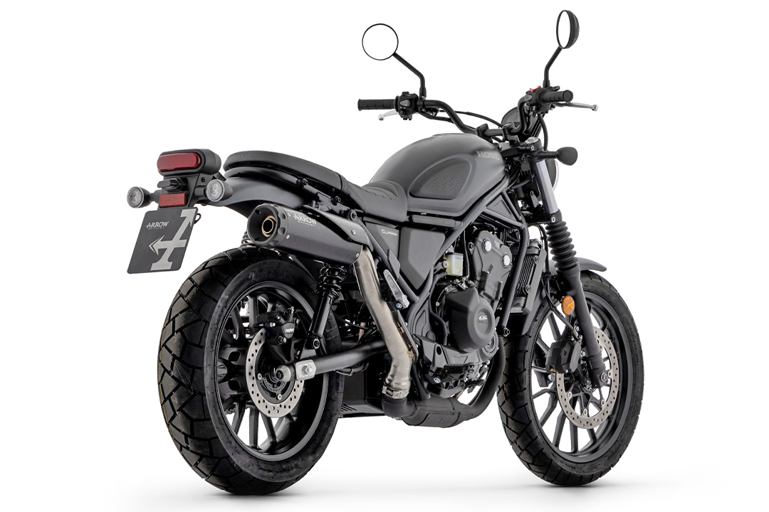 ARROW Auspuff REBEL Sip-On Edelstahl schwarz mit schwarzer Aluminium-Endkappe für Honda CL500 Modelljahr 2023-