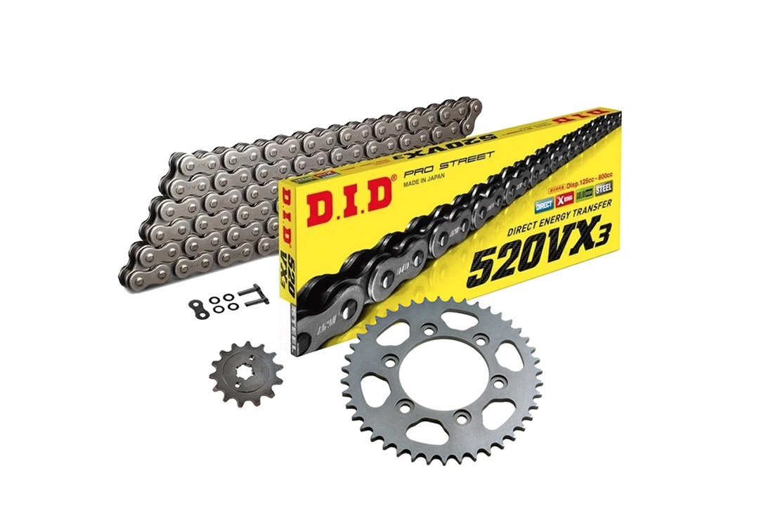 DID Kettensatz mit 520VX3 Kette, Farbe standard, für Fantic Caballero 500 Rally Deluxe, Modelljahr 2021-2024