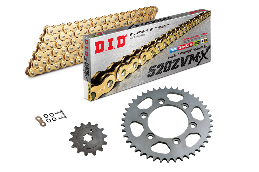 DID Kettensatz mit 520ZVM-X Kette, Farbe gold, für Honda X-ADV 750, Typ RC95, Modelljahr 2017- und Forza 750, Typ RH11, Modelljahr 2021-