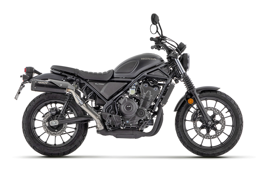 ARROW Auspuff REBEL Sip-On Edelstahl schwarz mit schwarzer Aluminium-Endkappe für Honda CL500 Modelljahr 2023-