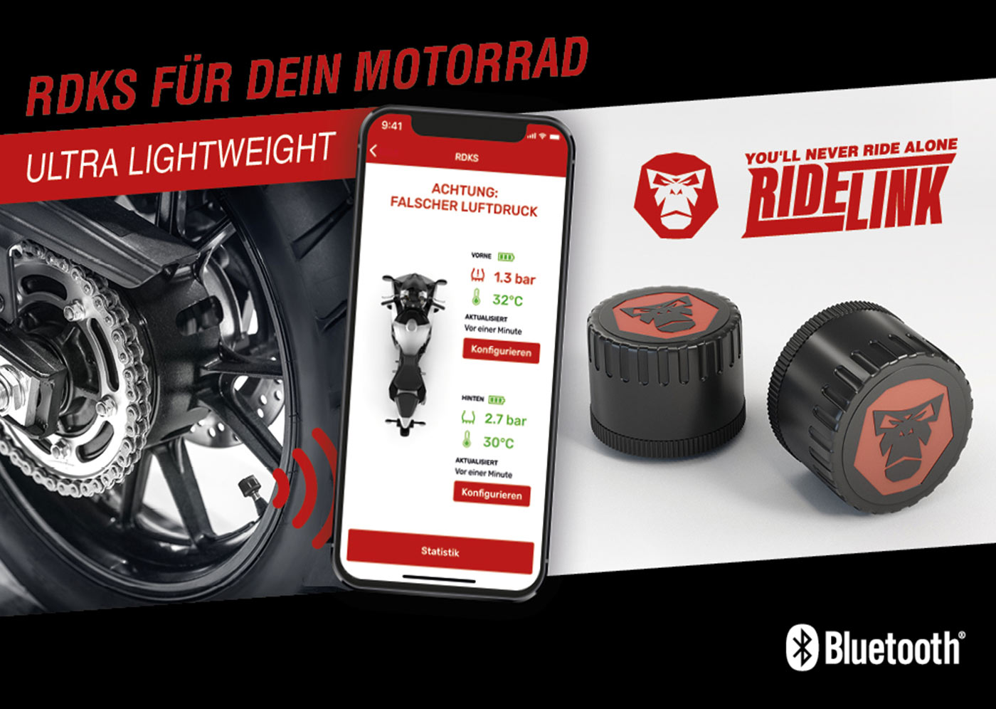 RideLink RDKS Bluetooth-Reifendruckkontrollsystem für Motorrad
