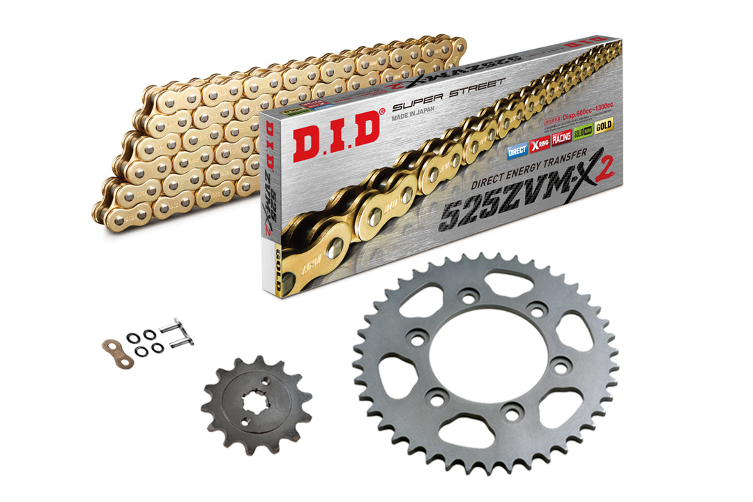 DID Kettensatz mit 525ZVM-X2 Kette, Farbe gold, für BMW F700GS (800ccm), Modelljahr 2013-