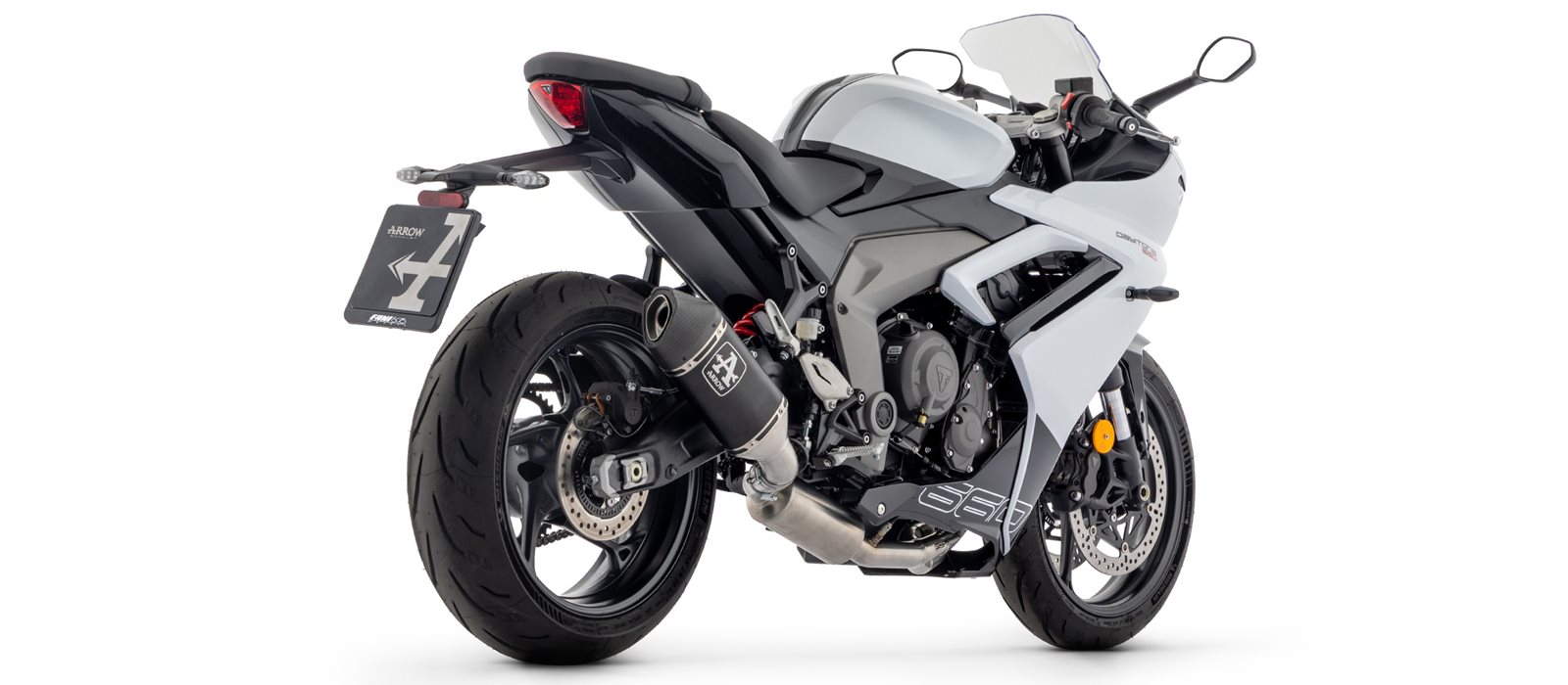 ARROW Racing-Komplettanlage mit VELOCE Endschalldämper schwarz mit Cabonendkappe für Triumph Daytona 660, 2024-