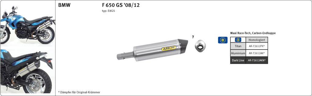 ARROW Auspuff RACE TECH für BMW F650GS / F800GS / Adventure 2008- aus Aluminium