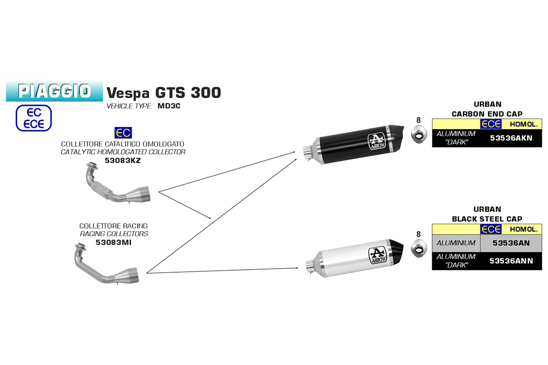 ARRROW Krümmer für Piaggio Vespa GTS300 2021- , mit Katalysator