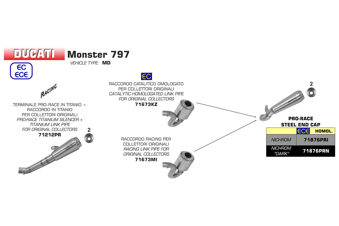 ARROW Zwischenrohr für Monster 797 2017-  / Scrambler 800 2017-  / Scrambler 800 Cafe Racer 2017-  / Scrambler DS Desert Sled 2017- , mit Katalysator