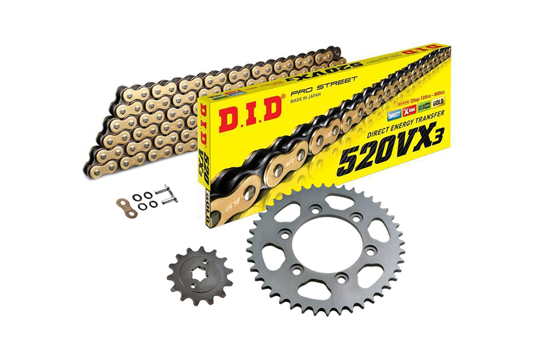 DID Kettensatz mit 520VX3 Kette, Farbe gold, für GasGas SM450FSE, Modelljahr 2003-2004