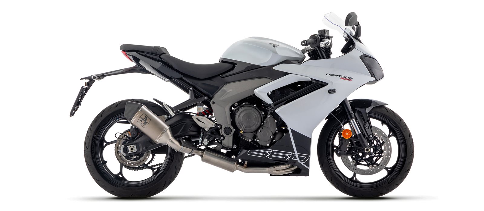 ARROW Racing-Komplettanlage mit VELOCE Endschalldämper Titan mit Cabonendkappe für Triumph Daytona 660, 2024-