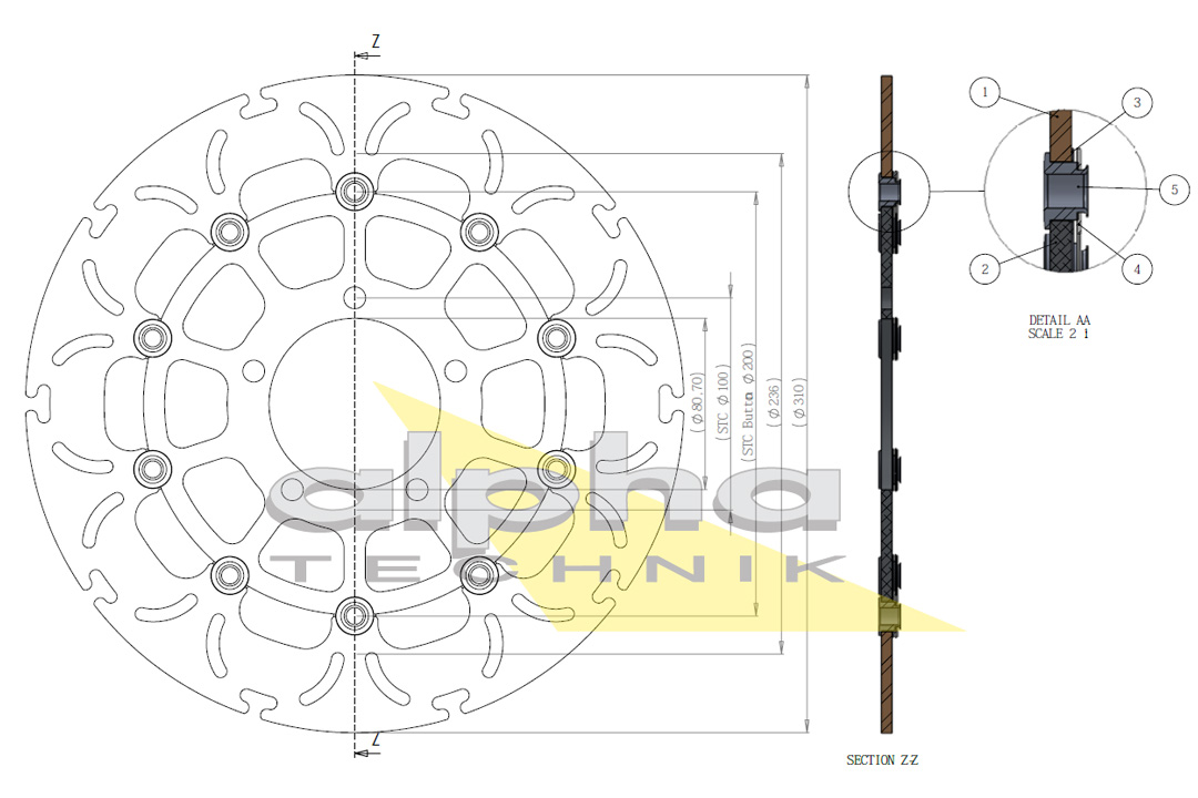 alpha Technik Bremsscheibe Omega-Design ABD33, vorne für Kawasaki ZX10R, ZX6R, Versys 1000, GTR1400, ZZR1400, Z800, Z1000