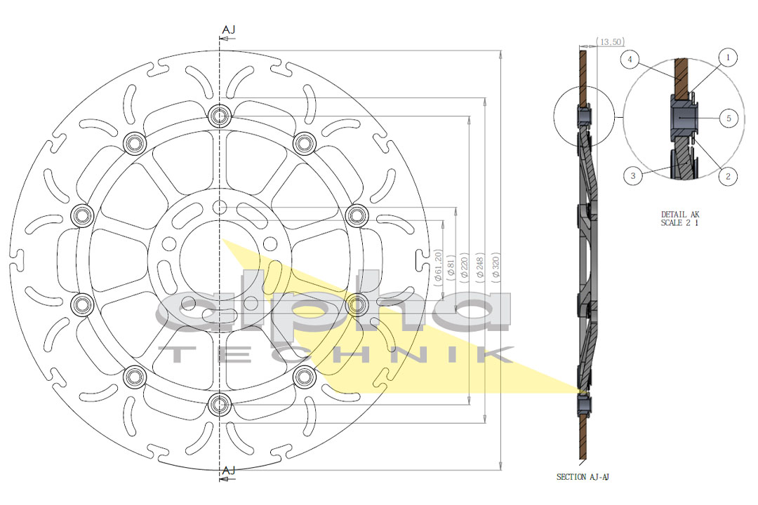 alpha Technik Bremsscheibe Omega-Design ABD33, vorne für Kawasaki ZZR, ZR, ZXR, VN1500