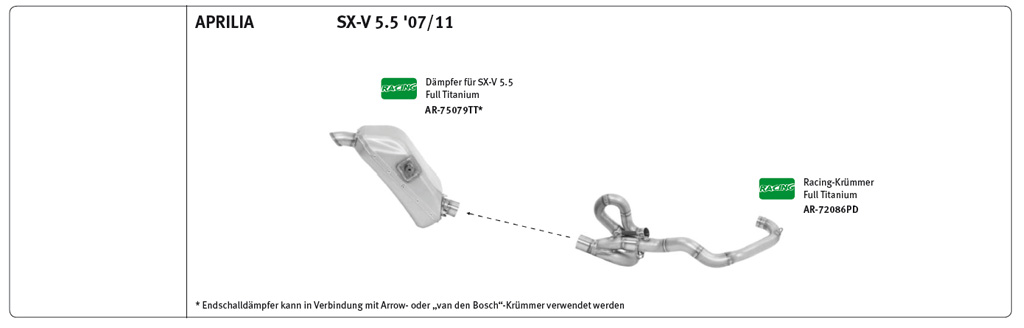 ARROW Krümmer,Titan für Aprilia SXV450/550 Typ VS, Modelljahr 2007-2014 