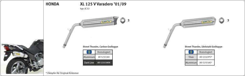 ARROW Auspuff THUNDER für Honda XL125V Varadero 2001-2012, Aluminium
