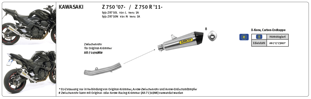 ARROW Auspuff X-KONE Edelstahl für Kawasaki Z750 / Z800 / Z800E 2011-2016